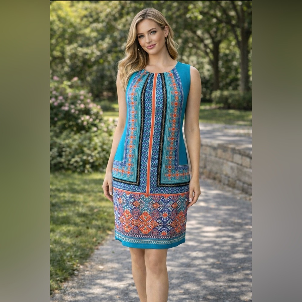 ILE Dress 12 Blue Coral White Washable Stretch Shift Side Zip Sleeveless Summer
